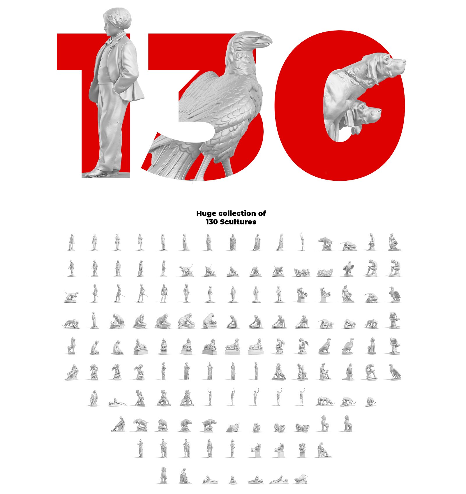 130个带法线调整层艺术动物人物抽象雕塑TIF模型合集