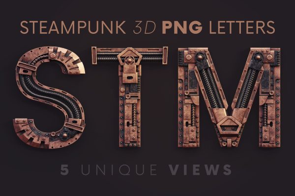 3D创意复古蒸汽朋克风字母数字PNG免扣图片