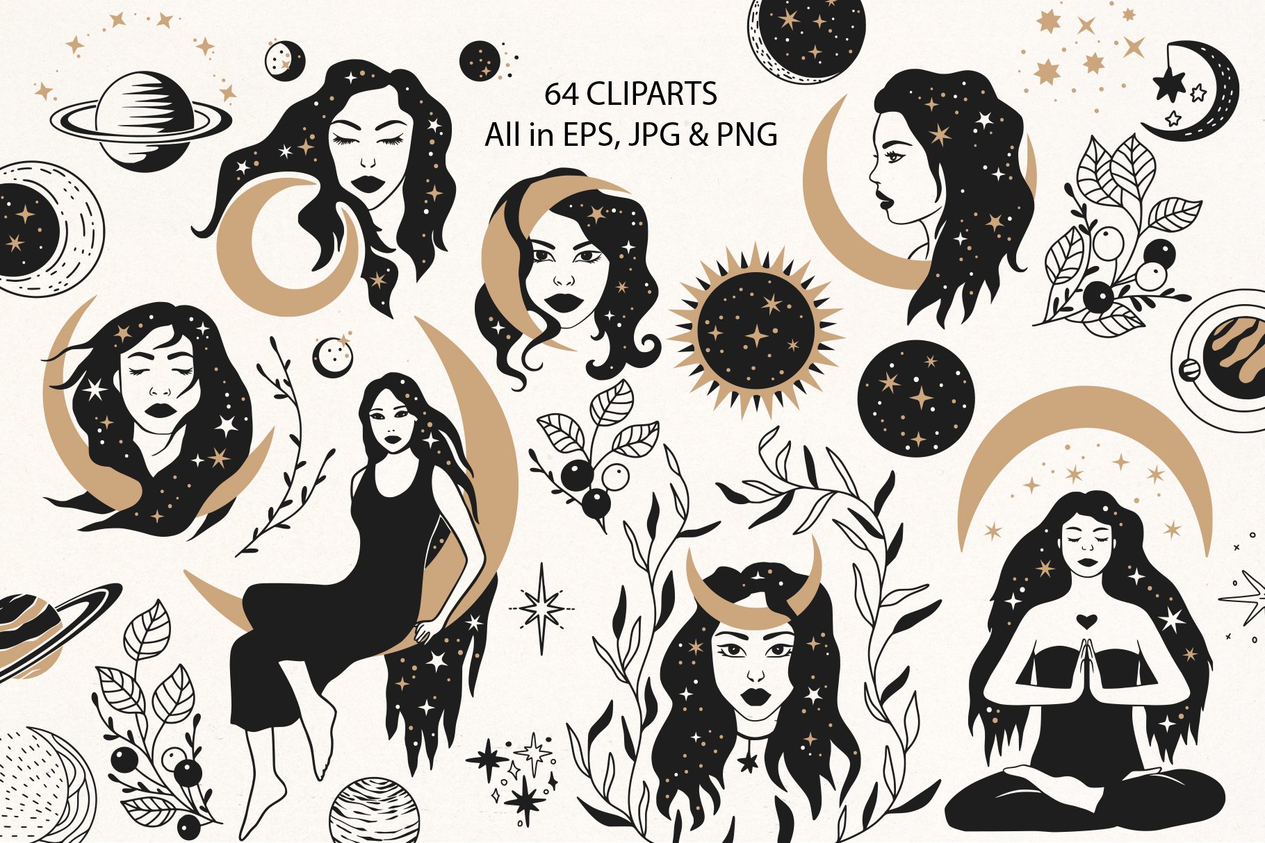 神秘占星术天体月亮星星蝴蝶女性头像手绘剪贴画矢量图案设计素材