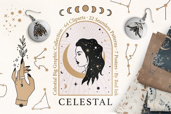 神秘占星术天体月亮星星蝴蝶女性头像手绘剪贴画矢量图案设计素材