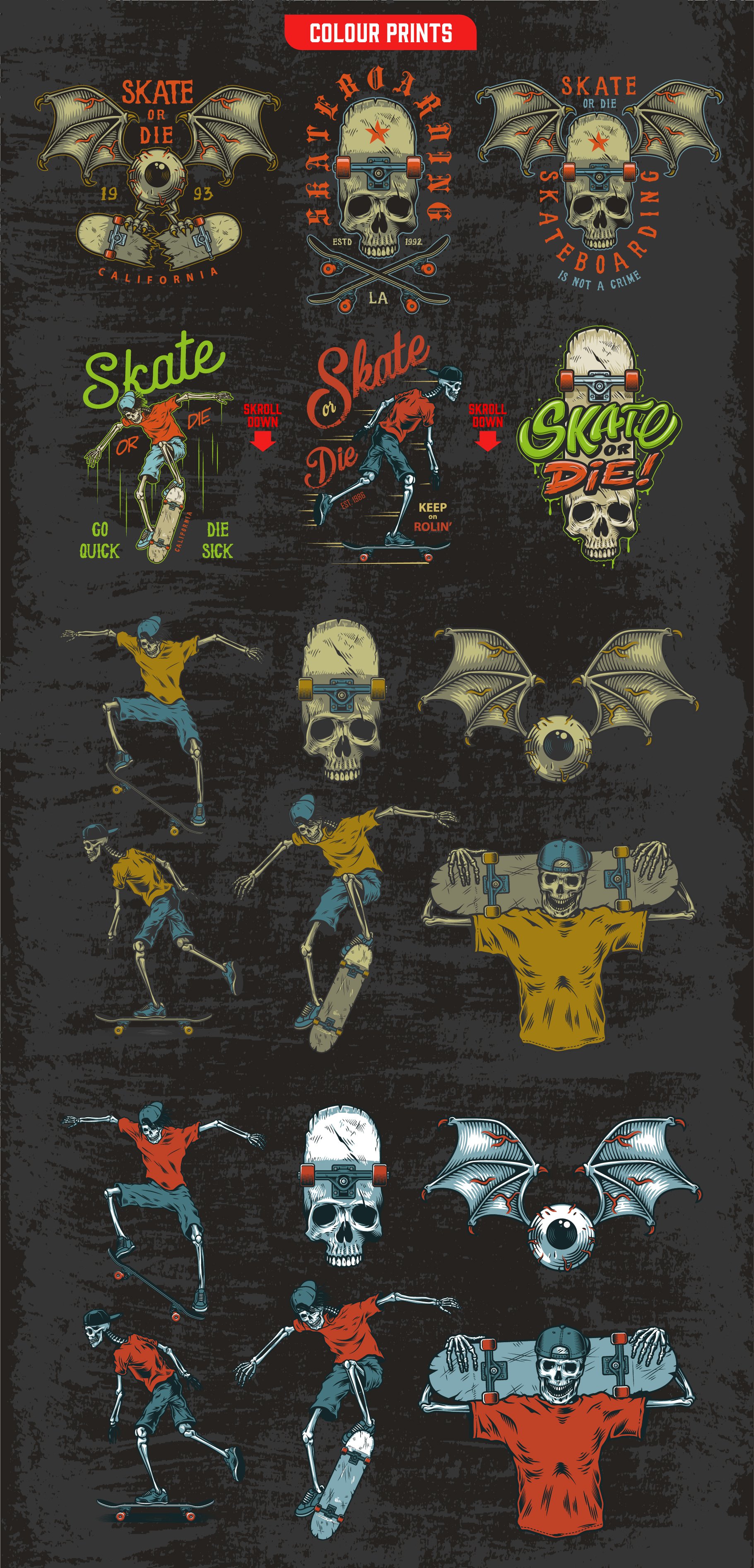 嘻哈风骷髅骨骼滑板T恤印花图案设计矢量图案
