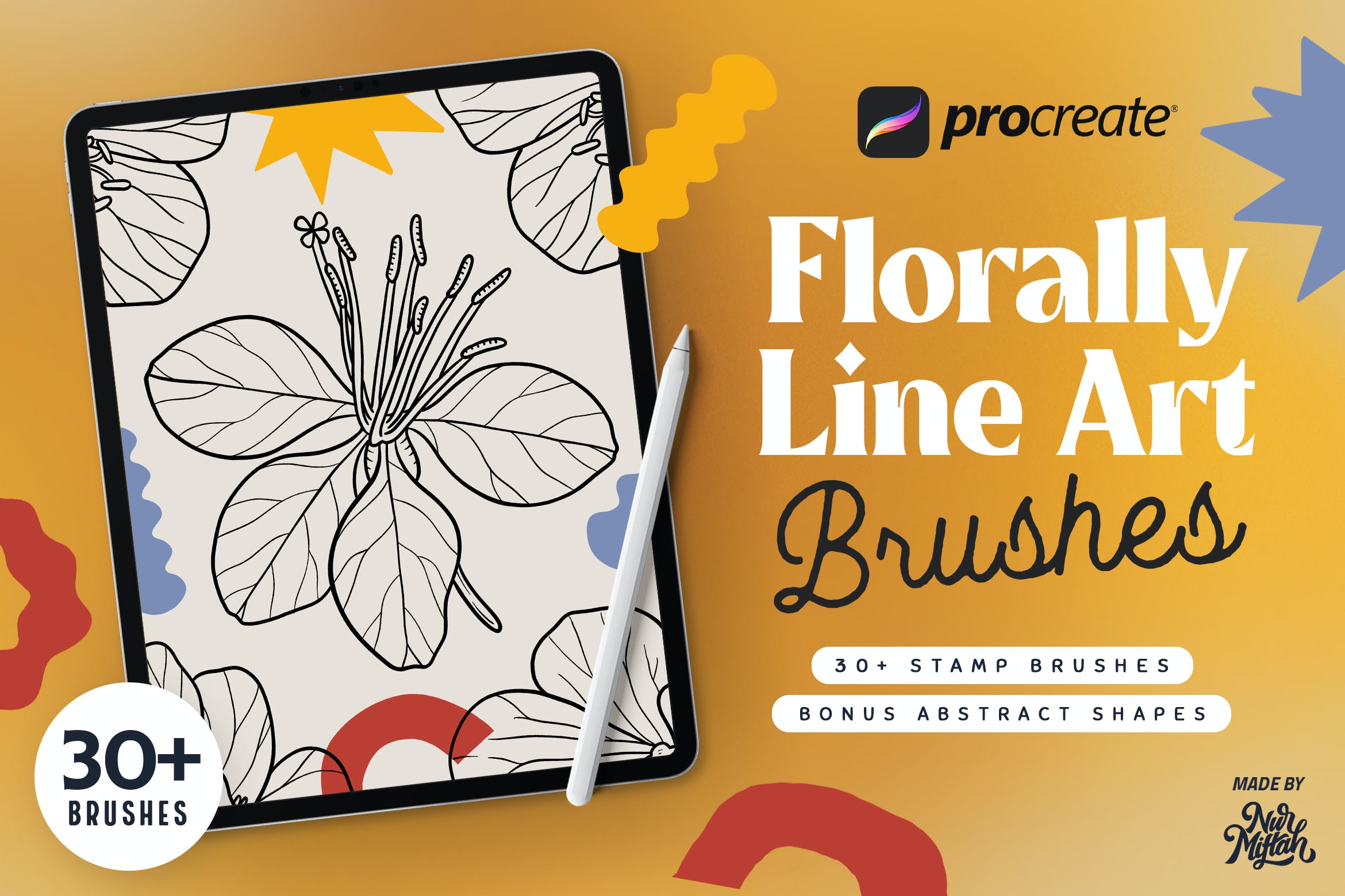 30多款花卉艺术线条抽象形状iPad Procreate笔刷