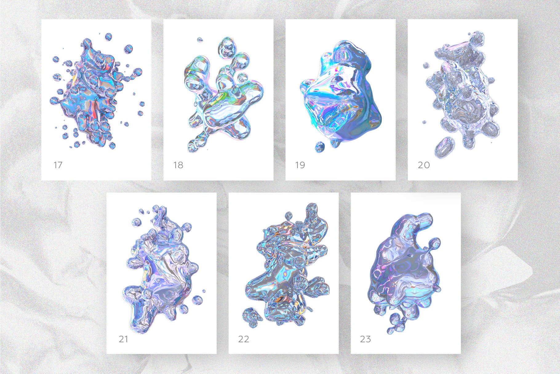 23款抽象全息渐变不规则碎裂3D水滴流体图形设计素材 FOIL SHAPES Color Version