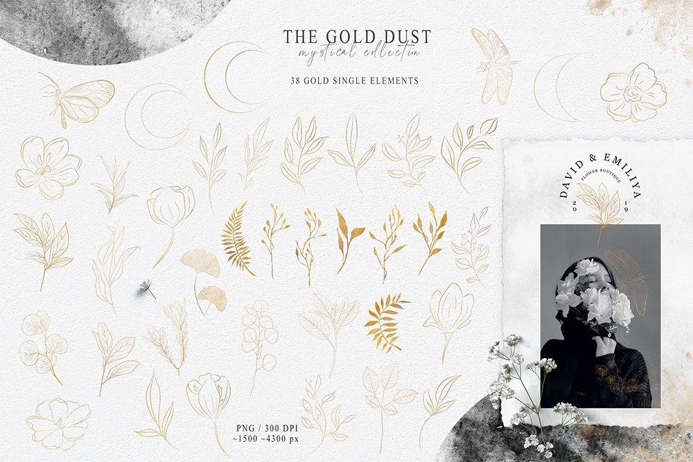 180款优雅水墨水彩金粉金色花卉树木动物线条背景图案图片设计素材