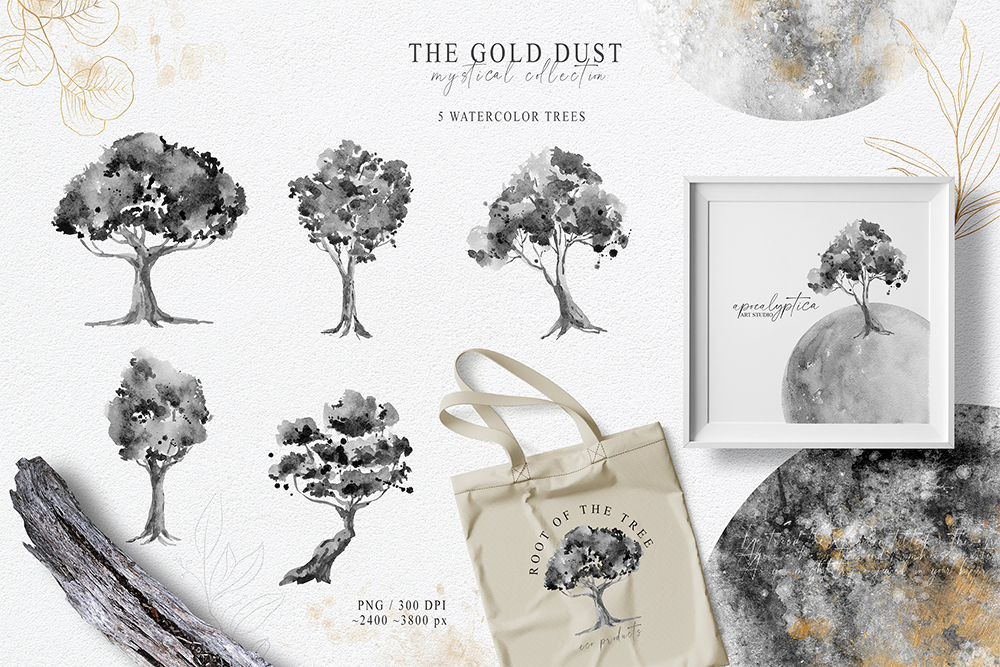 180款优雅水墨水彩金粉金色花卉树木动物线条背景图案图片设计素材