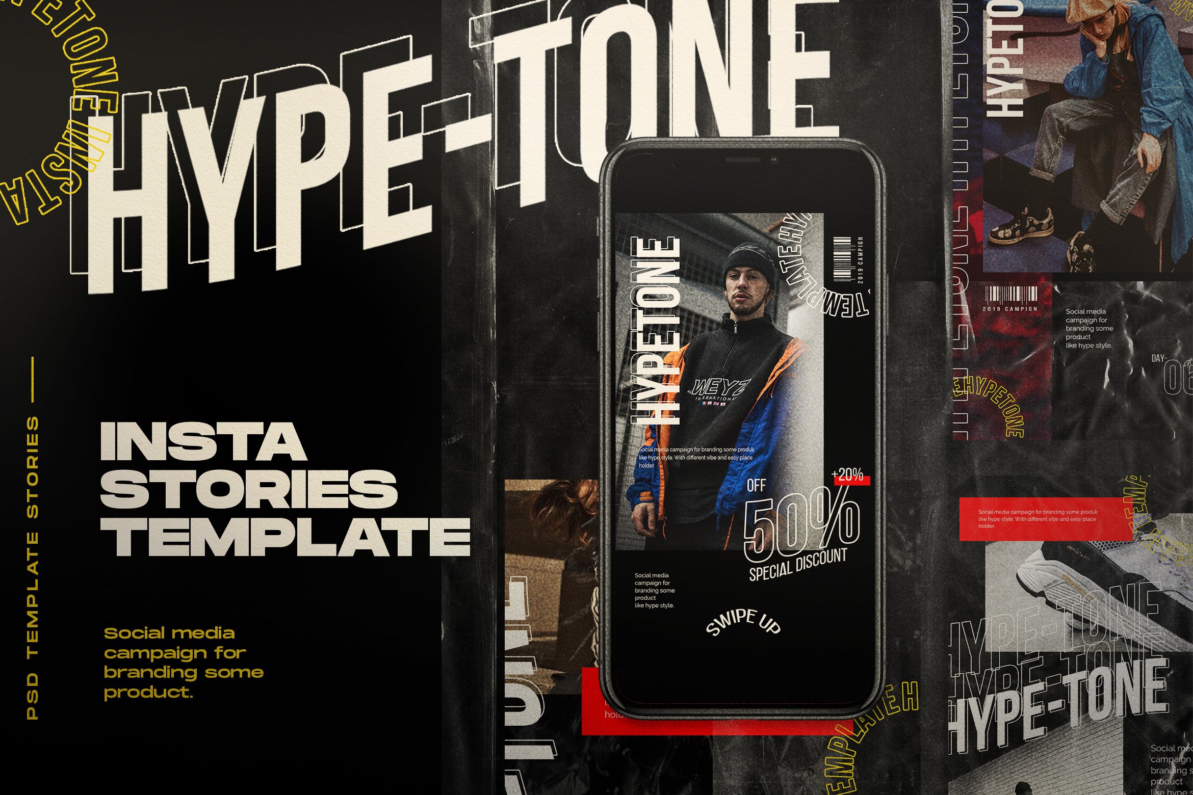 流行趋势城市风格品牌故事社交媒体设计海报PSD源文件模板 HYPE=TONE – Instagram Post & Stories