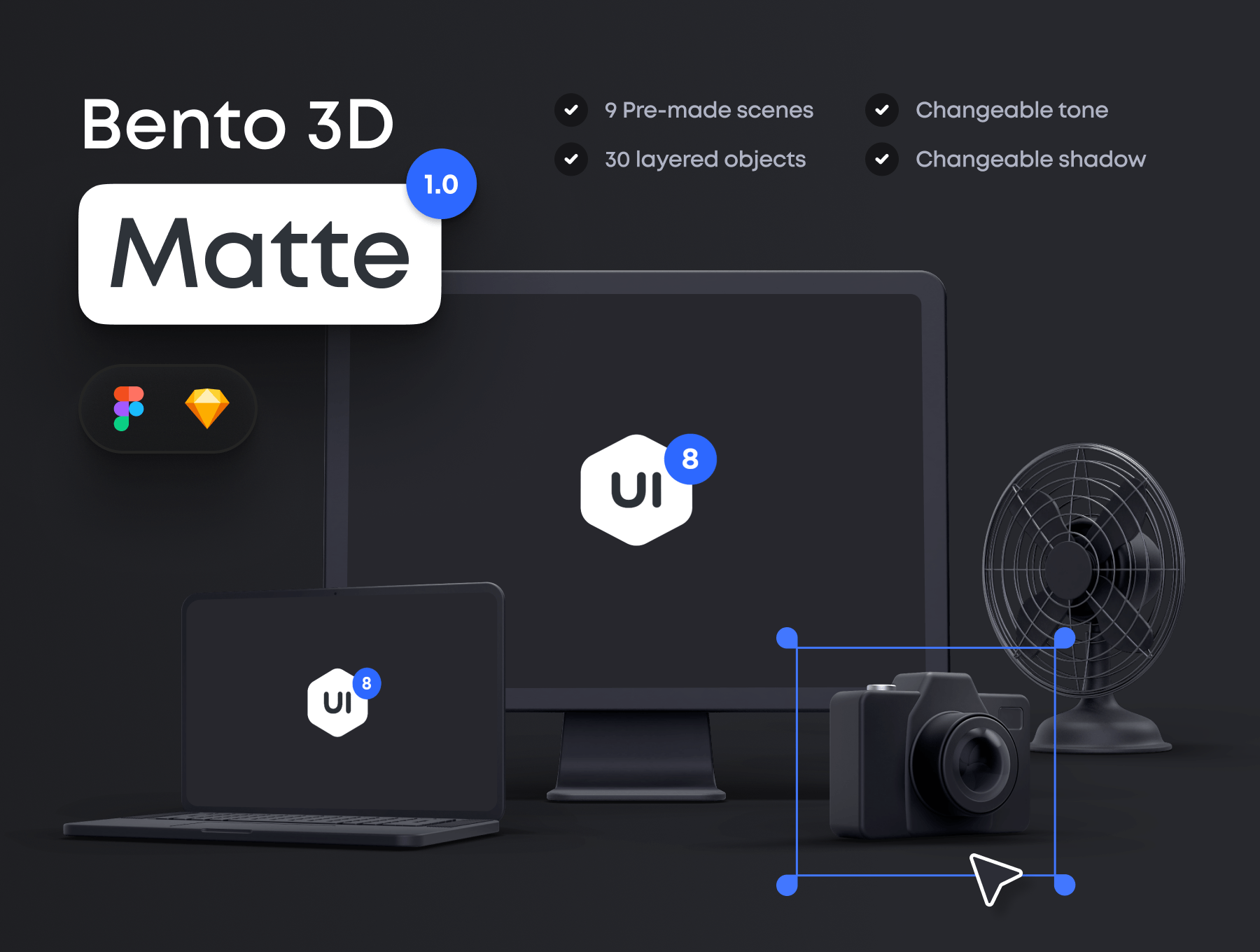 质感黑色哑光3D立体桌面文具摆件数码产品插图插画图标设计素材Bento Matte 1.0