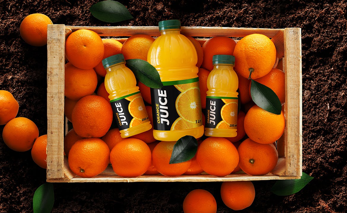 自然橙汁塑料瓶包装带场景样机