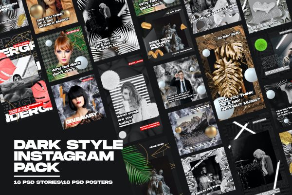 36款暗黑品牌故事推广社交海报素材设计源文件模板 Dark Style Instagram Pack