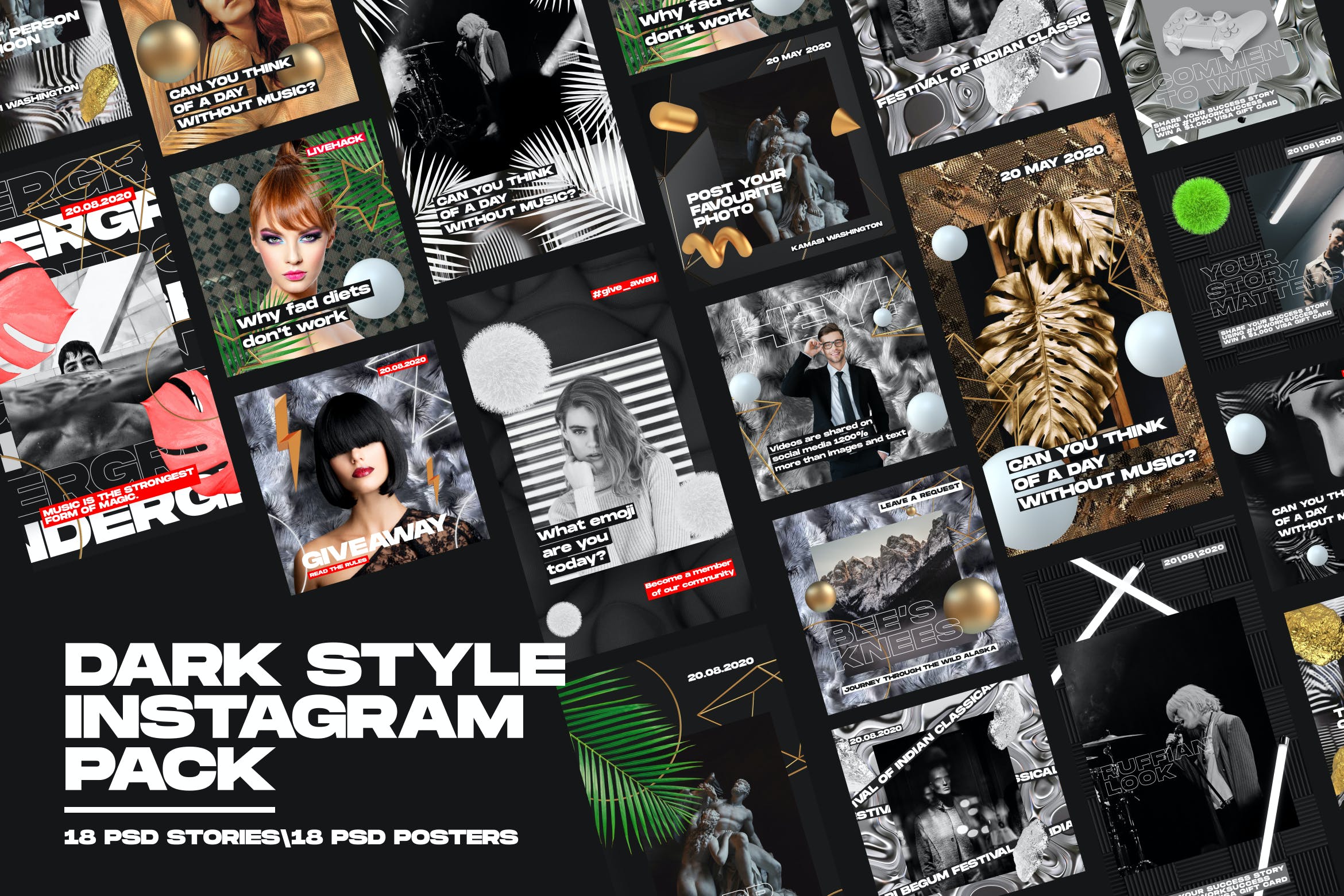 36款暗黑品牌故事推广社交海报素材设计源文件模板 Dark Style Instagram Pack