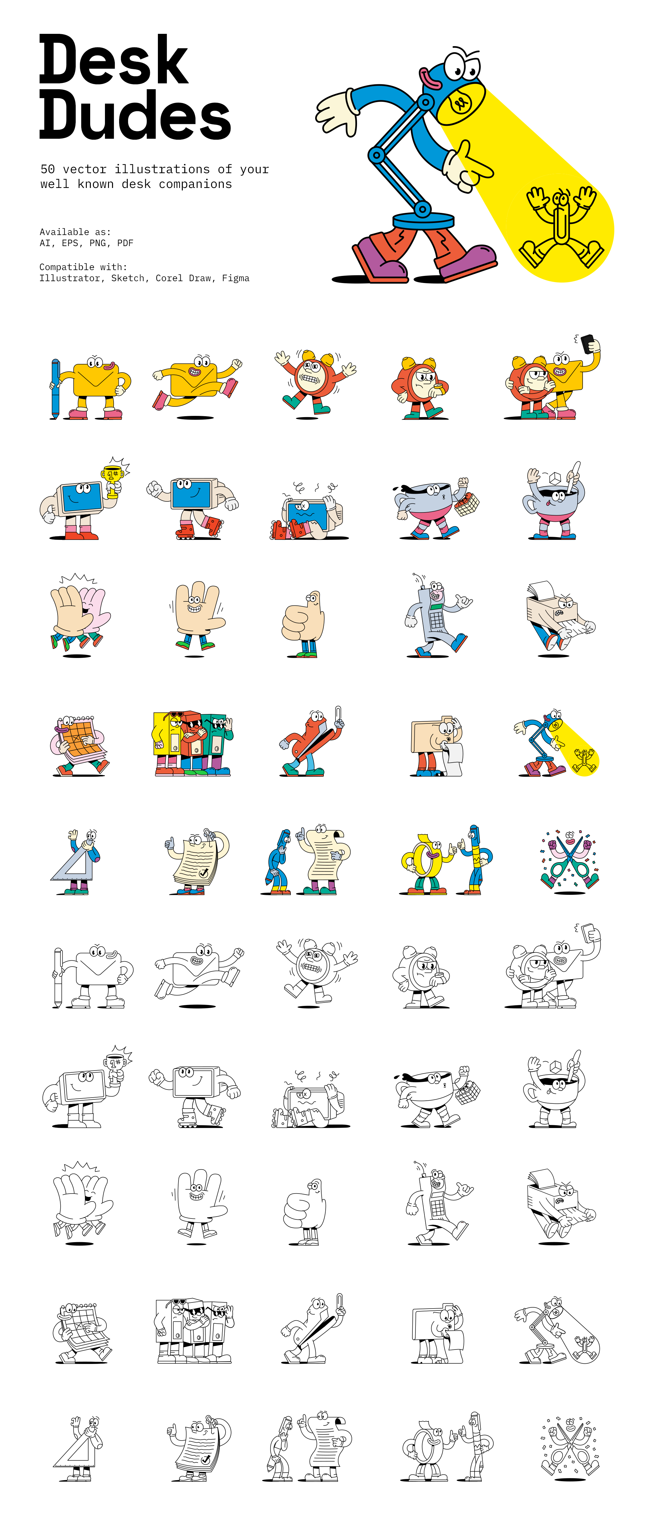 50款潮流创意手绘文具卡通形象插画插图矢量设计素材Desk Dudes – illustration pack