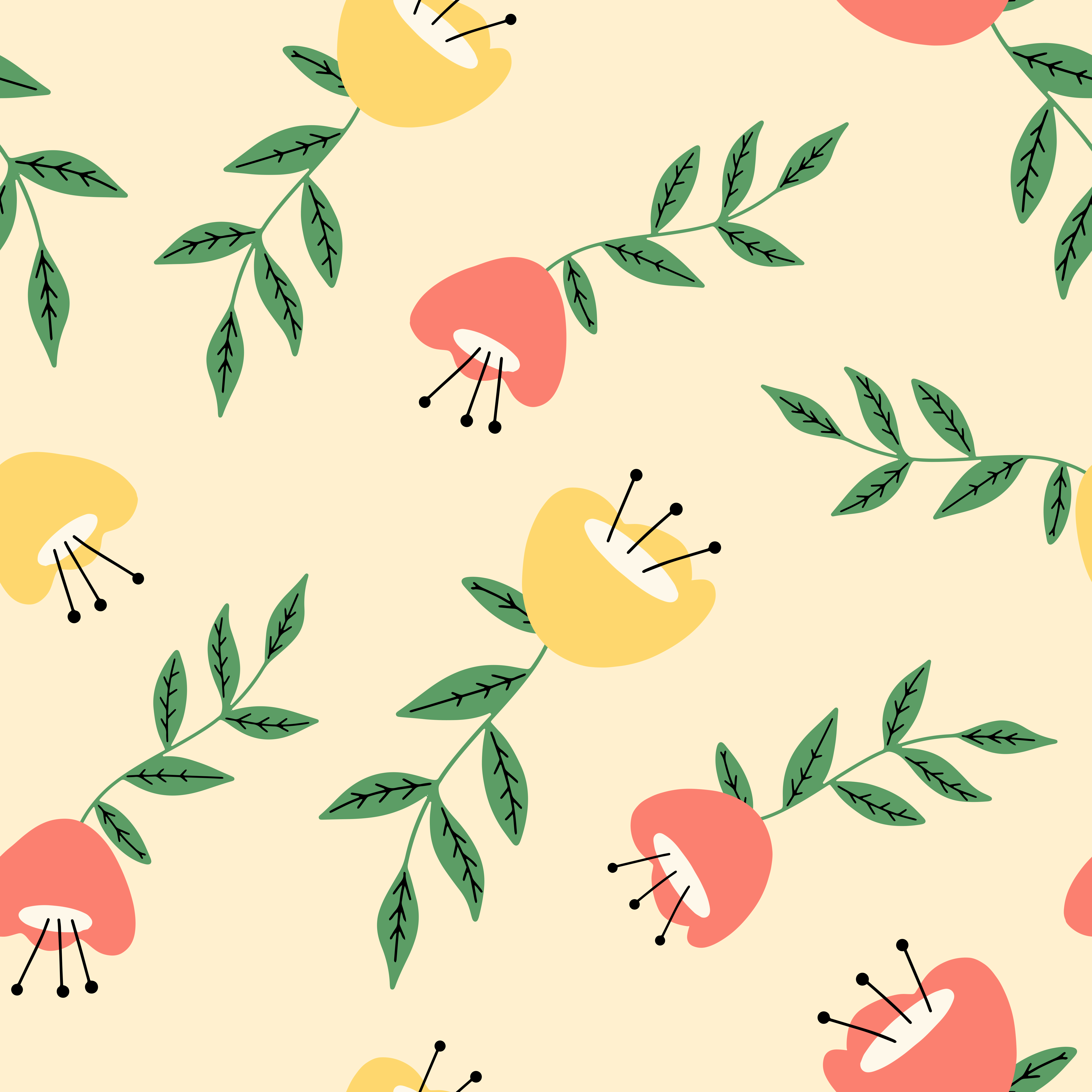 时尚儿童风格花卉手绘矢量无缝图案素材 Flory – Vector Seamless Pattern