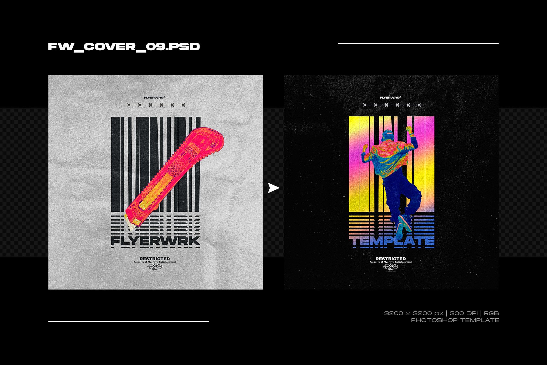 潮流扭曲酸性赛博朋克热感应海报CD盒封面字体样机PS设计素材 Flyerwrk – Cover Design Templates Vol.2
