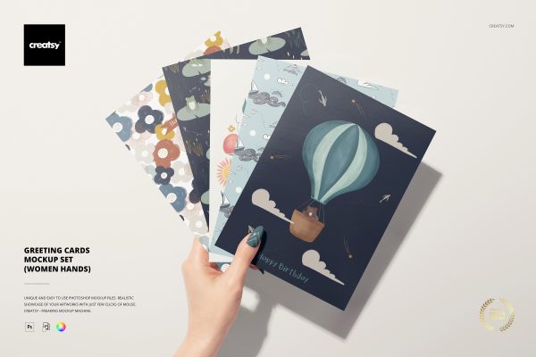 18款手持贺卡明信片设计Ps智能贴图样机模板Greeting Cards Mockup Set