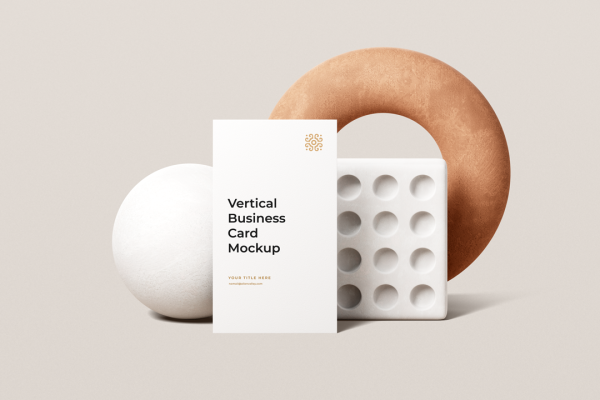 3d元素场景的竖版名片设计展示样机Vertical Business Card Mockup