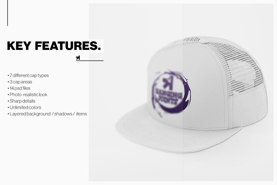 14款棒球帽设计贴图样机模板素材 Baseball Hat Full Cap Trucker Mockup