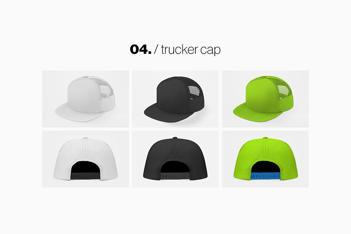 14款棒球帽设计贴图样机模板素材 Baseball Hat Full Cap Trucker Mockup
