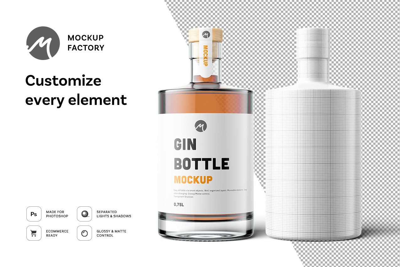 杜松子酒玻璃瓶样机模型Gin Bottle Mockup Vol.2