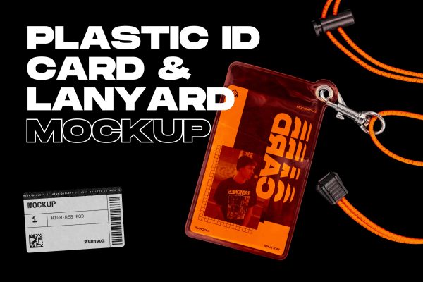 半透明塑料工作牌胸牌和挂绳的样机-PLASTIC ID CARD AND LANYARD MOCKUP