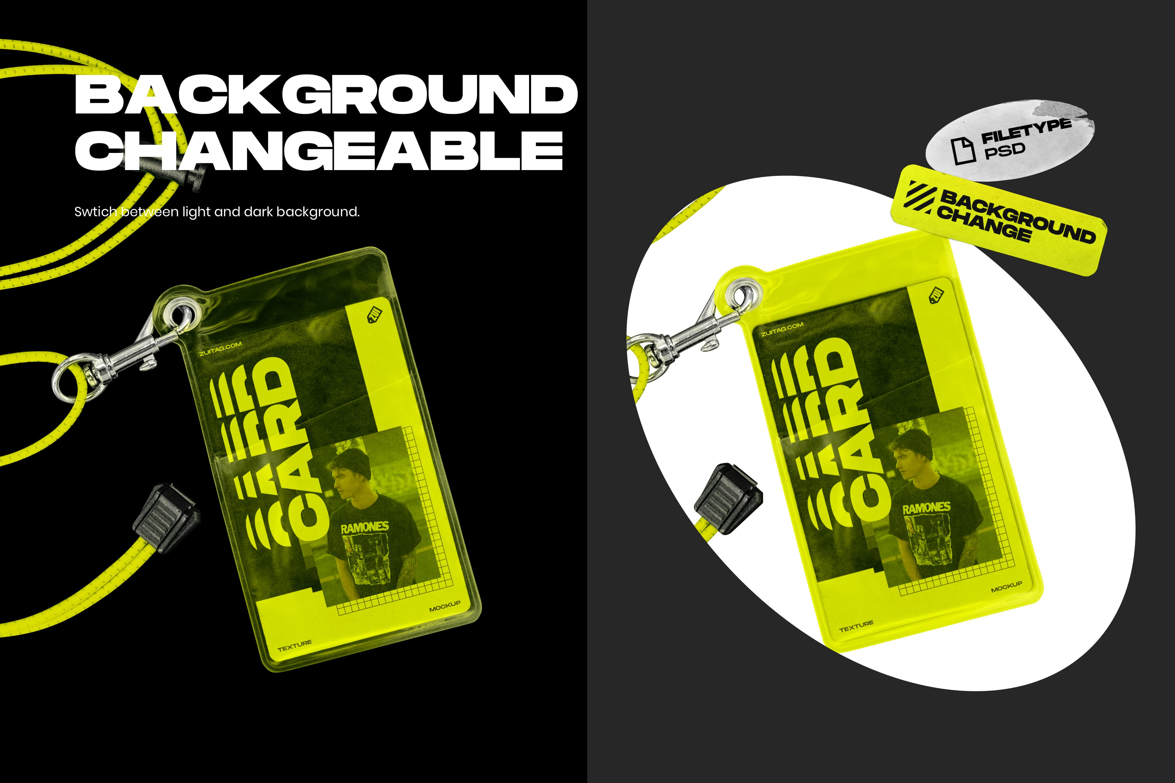 半透明塑料工作牌胸牌和挂绳的样机-PLASTIC ID CARD AND LANYARD MOCKUP
