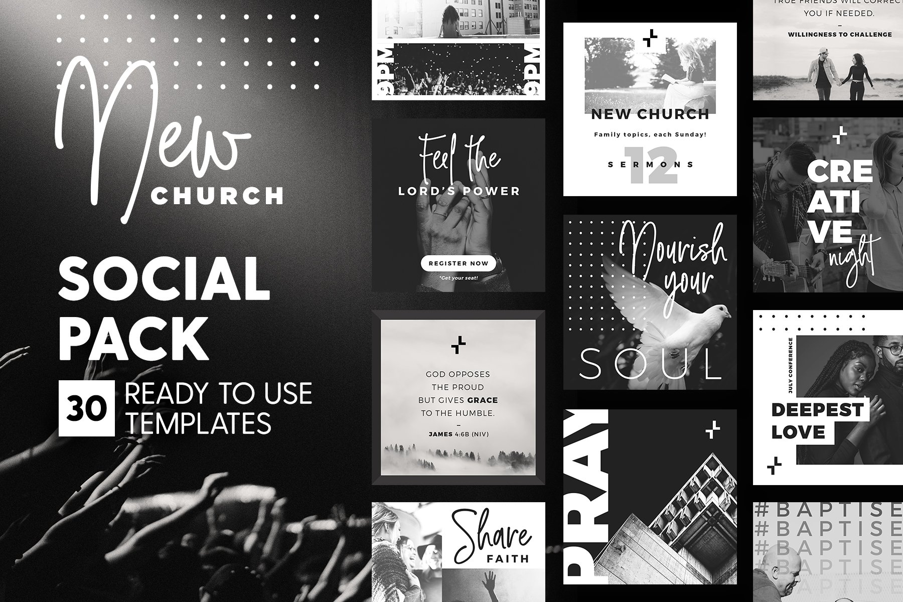 黑白色系品牌营销海报社交媒体PSD源文件设计素材 New Church Social Pack