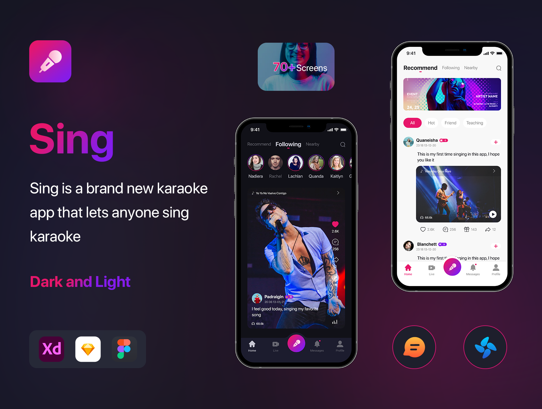 社交卡拉OK唱歌音乐短视频手机应用程序APP UI模版 Social Karaoke Singing Mobile App