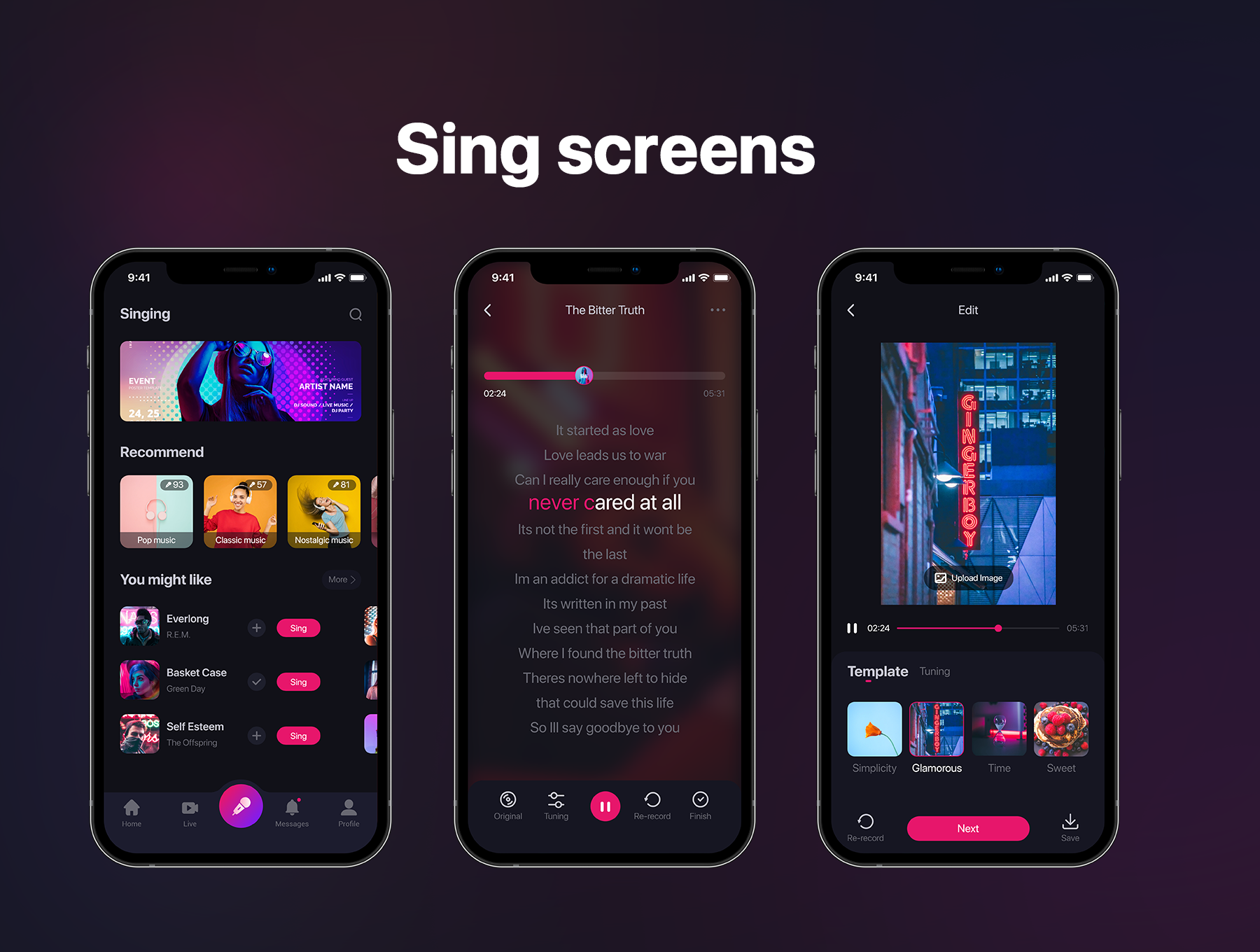社交卡拉OK唱歌音乐短视频手机应用程序APP UI模版 Social Karaoke Singing Mobile App