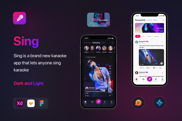 社交卡拉OK唱歌音乐短视频手机应用程序APP UI模版 Social Karaoke Singing Mobile App