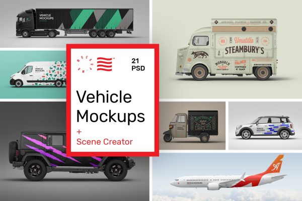 21个交通工具火车站汽车跑车展示psd样机模型Vehicle Mockups – Car Mockups