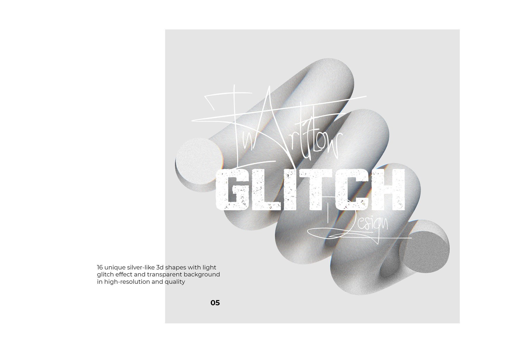 16款抽象3D立体艺术带毛刺效果PNG几何图形素材3D Shapes With Light Glitch Effect
