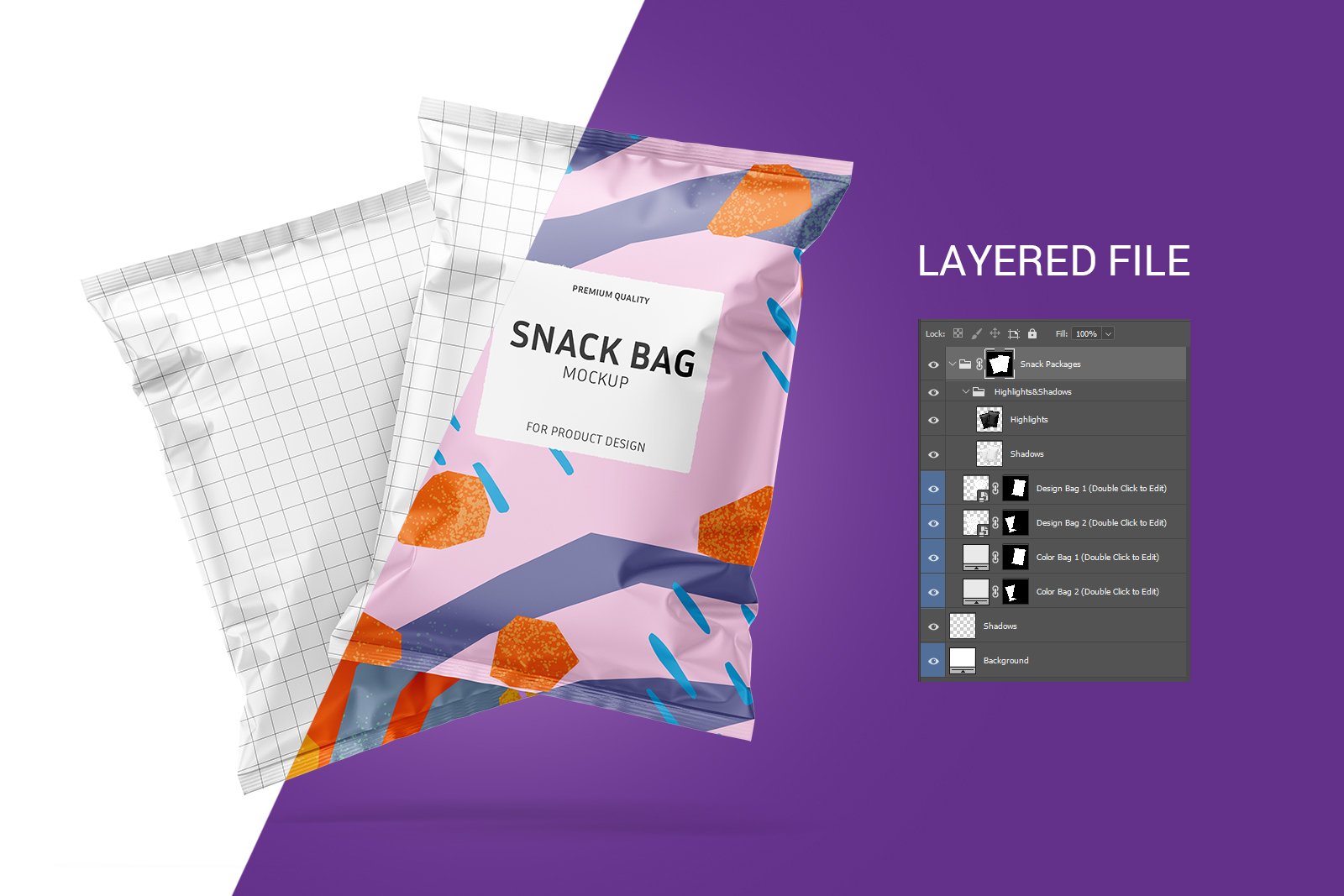 膨化薯片零食包装袋设计展示样机Snack bag mockup set