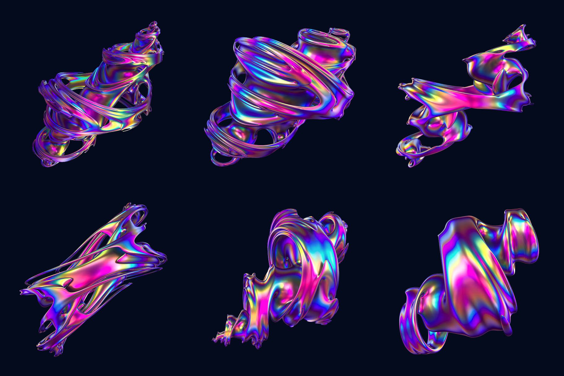 24款潮流抽象彩虹金属全息镭射艺术3D立体图形PNG免抠图片素材 Hyper – Abstract Cyclone Shapes