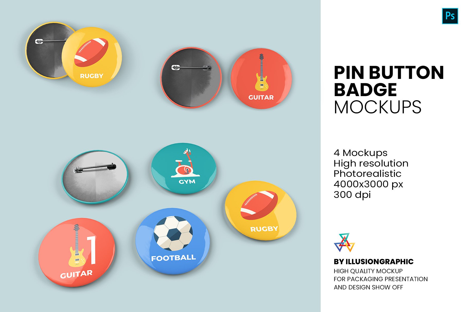 圆形按钮别针徽章胸牌设计标志Logo贴图样机素材 Pin Button Badge Mockup – 4 Views