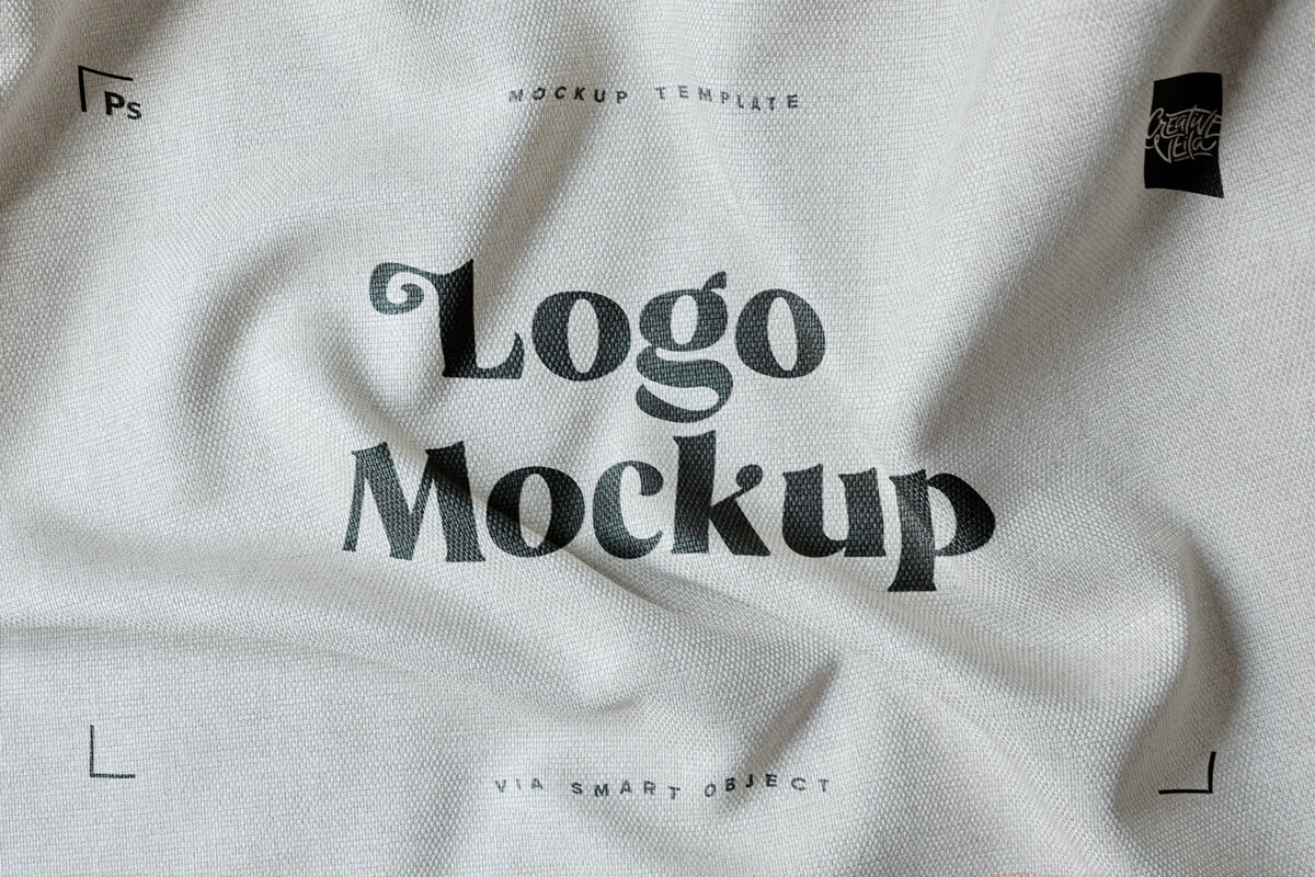 逼真纺织布料褶皱面料效果徽标Logo设计展示样机模板 Fabric Print Logo Mockup Set