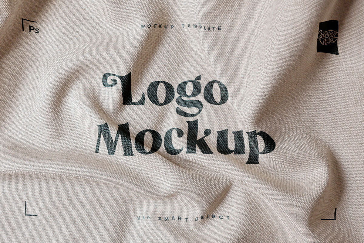 逼真纺织布料褶皱面料效果徽标Logo设计展示样机模板 Fabric Print Logo Mockup Set