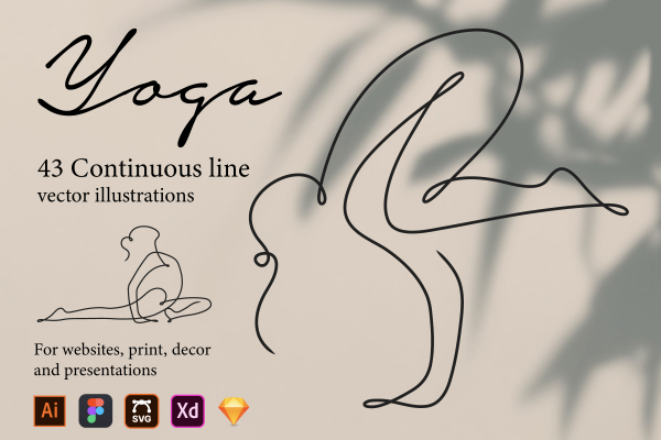 43个优雅瑜伽姿势矢量插画线稿图 Yoga Continuous Line Illustrations