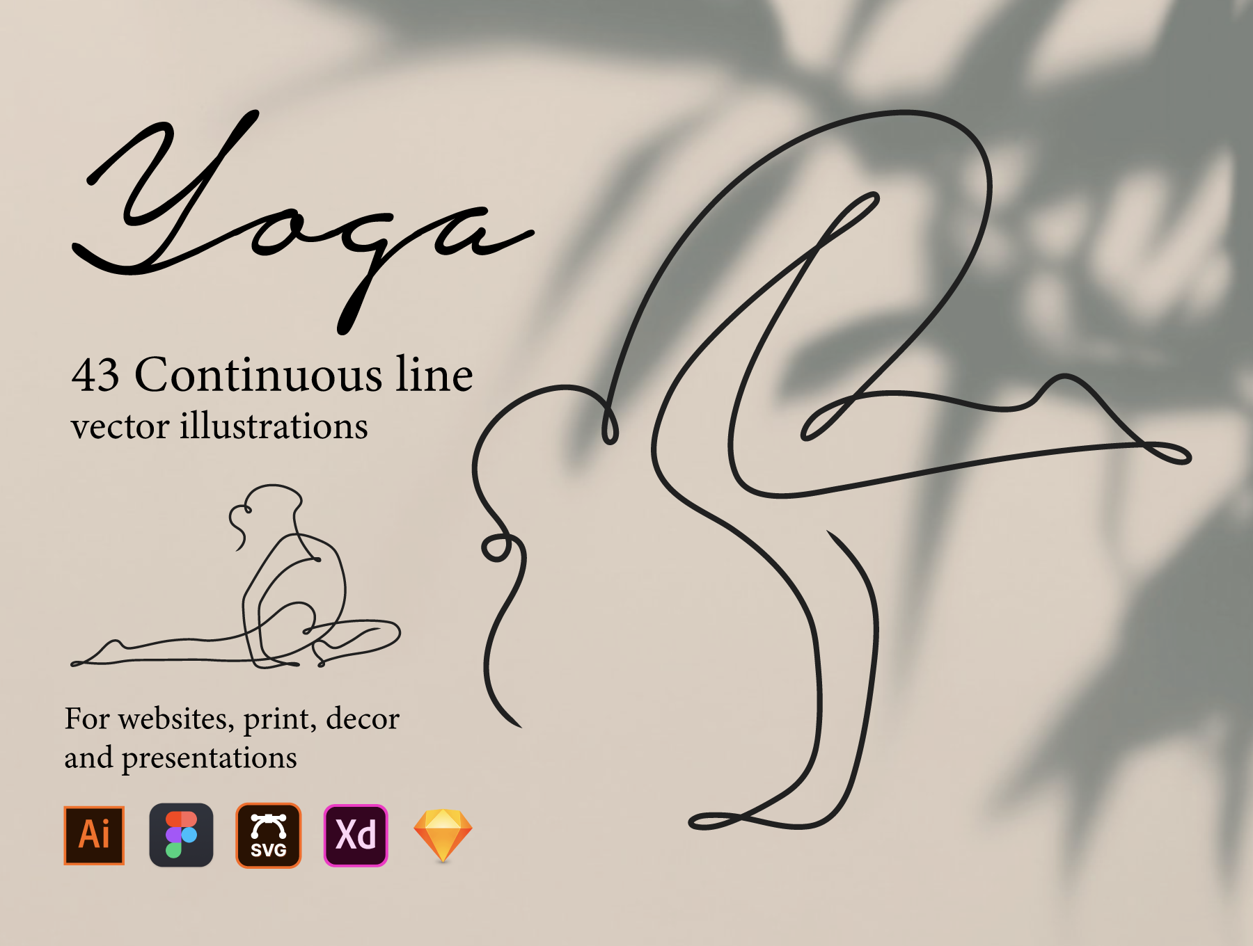 43个优雅瑜伽姿势矢量插画线稿图 Yoga Continuous Line Illustrations