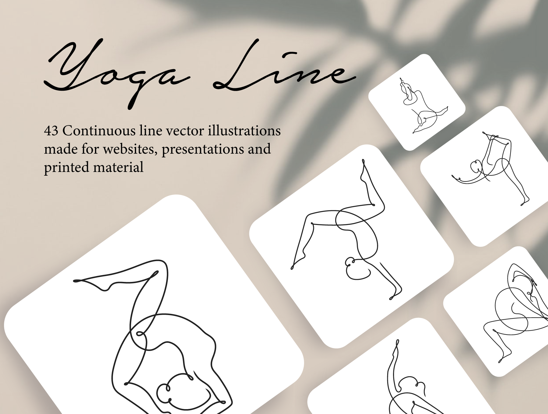 43个优雅瑜伽姿势矢量插画线稿图 Yoga Continuous Line Illustrations