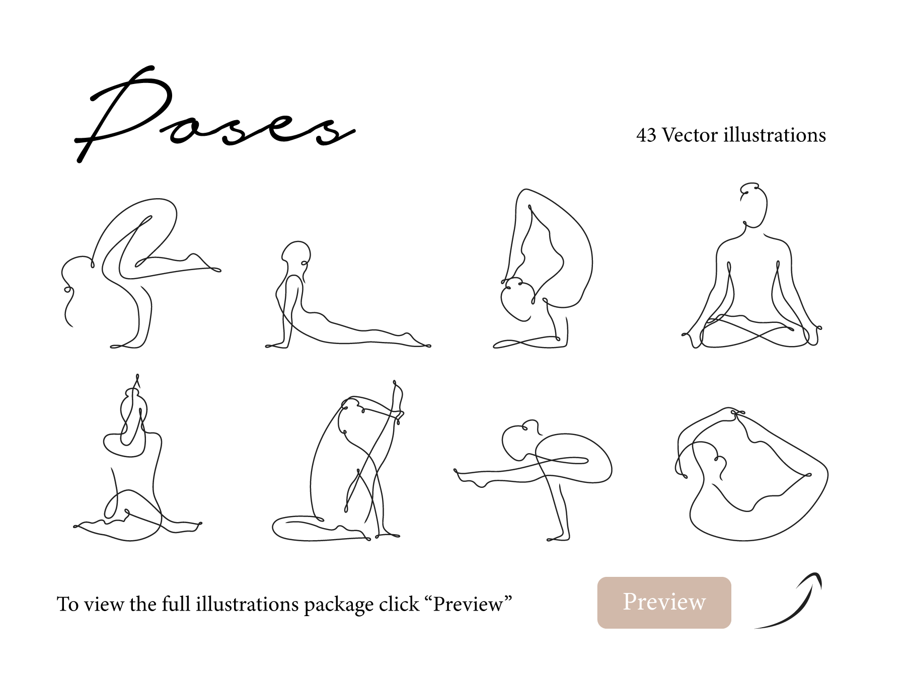 43个优雅瑜伽姿势矢量插画线稿图 Yoga Continuous Line Illustrations