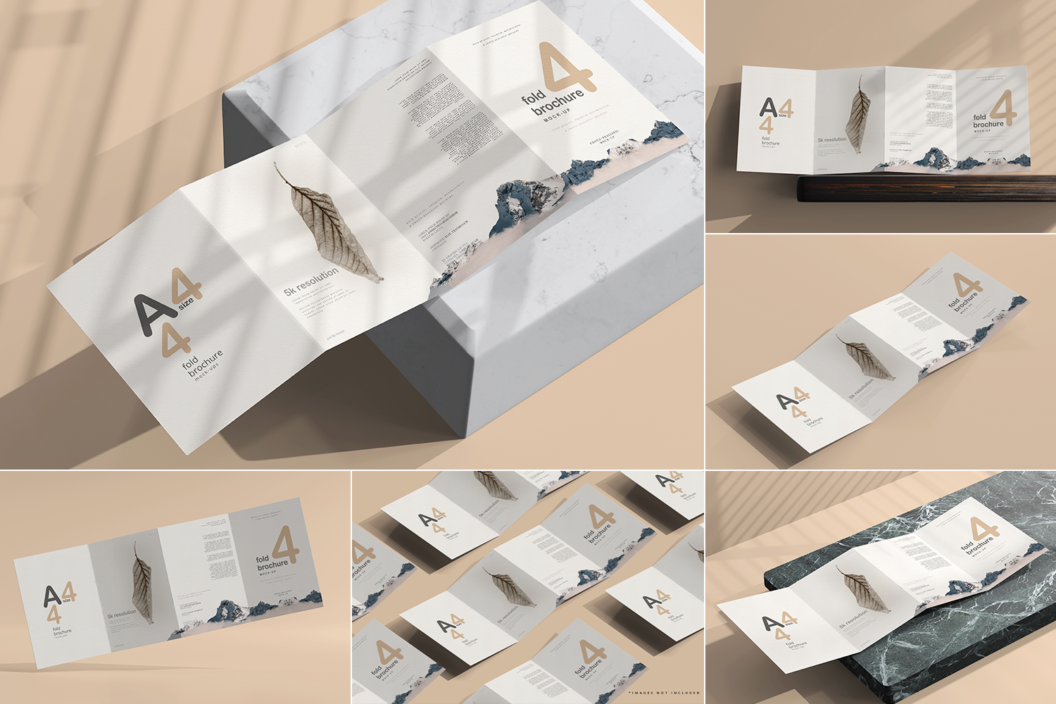 14款可商用A4四折页小册子设计贴图样机PSD模板素材 A4 Size Four Fold Brochure Mockup