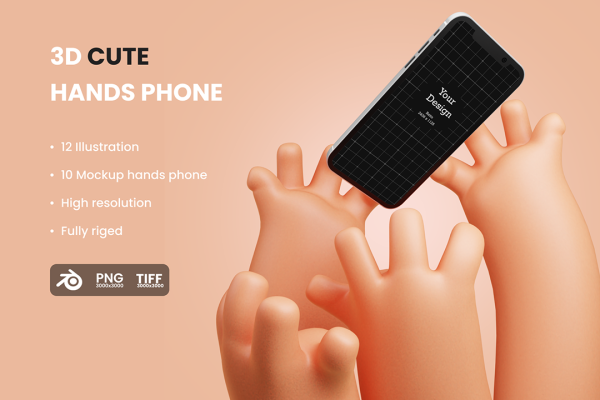 10款可爱趣味宝宝卡通3D立体手持iPhone手机ps样机素材展示模板+手势PNG  Hands Phone