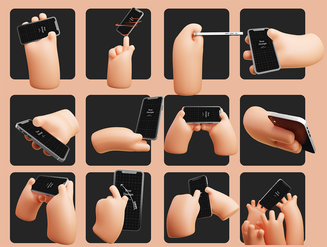 10款可爱趣味宝宝卡通3D立体手持iPhone手机ps样机素材展示模板+手势PNG  Hands Phone