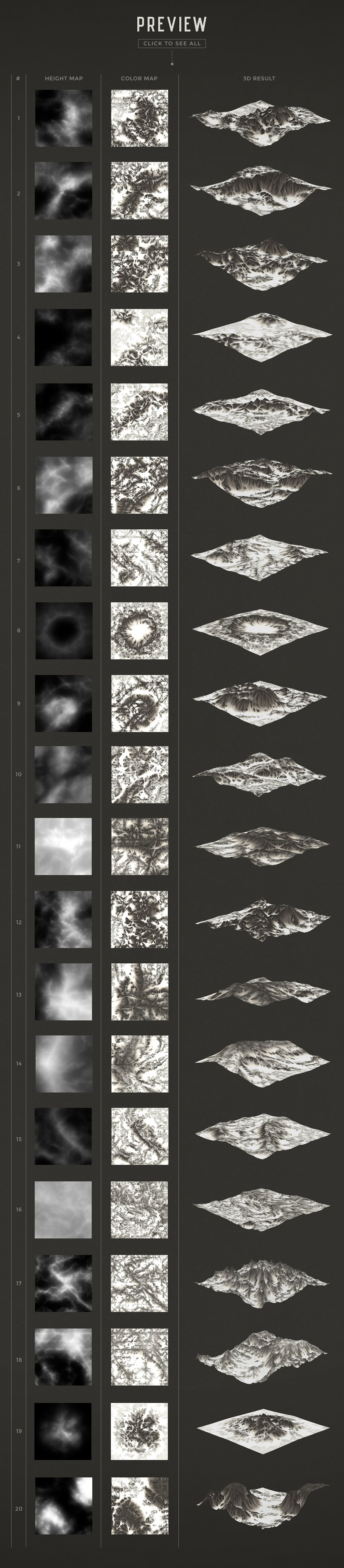 20款黑白山脉3D地图PNG纹理设计素材