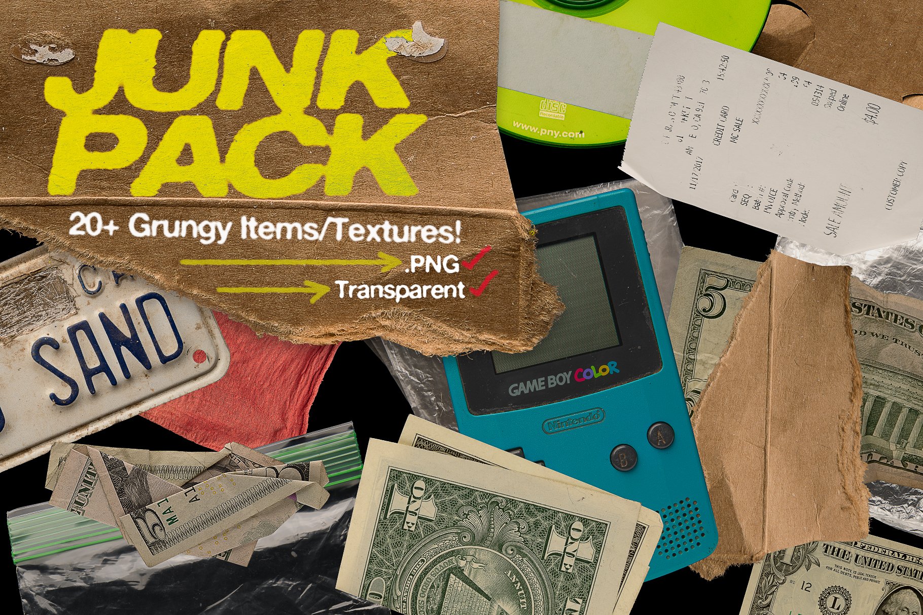 20+做旧撕裂塑料袋纸张光盘PNG透明免抠图片素材 Junk Pack | 20+ Items Textures