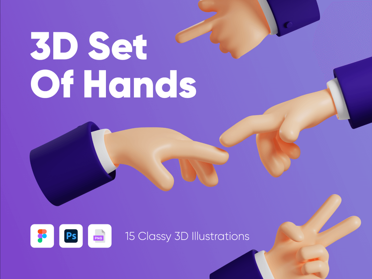 15个卡通Q版3D手势设计素材PSD&PNG格式3D set of hands