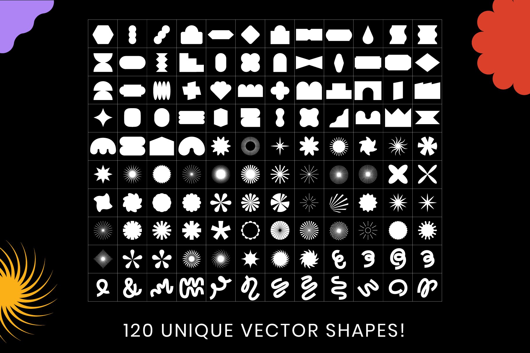 120款酸性创意时尚游戏几何图形PS波普风促销ai矢量素材Designer Dingbats – 120 shapes!