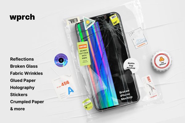 镭射塑料包装塑料纸海报裂缝效果样机不干胶贴纸标签胶带玻璃 WPRCH – Assets and Mockups