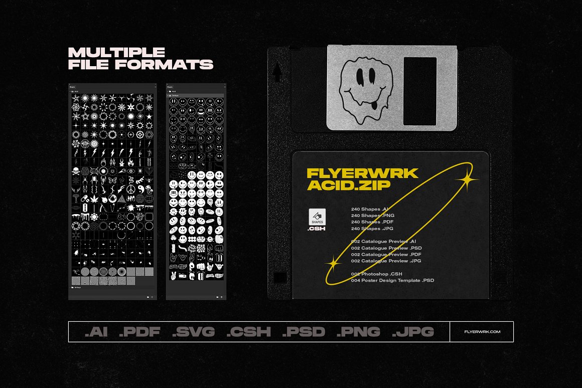 240款复古酸性图形表情包徽标创意嘻哈元素合集包Flyerwrk – Acid Shapes