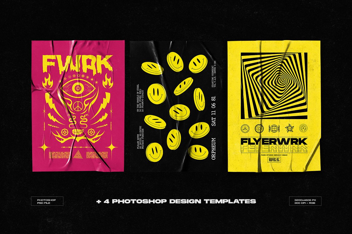 240款复古酸性图形表情包徽标创意嘻哈元素合集包Flyerwrk – Acid Shapes