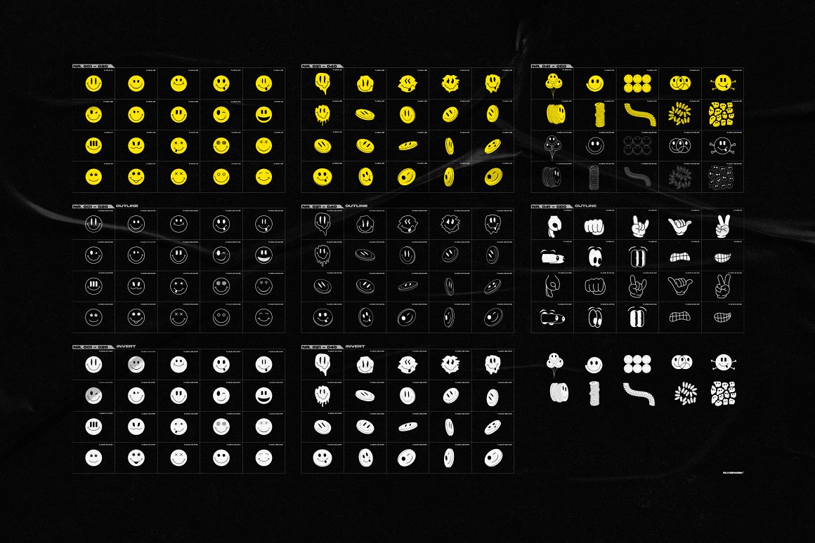 240款复古酸性图形表情包徽标创意嘻哈元素合集包Flyerwrk – Acid Shapes